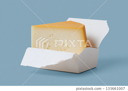 Wedge cheese dairy yellow minimal modern surreal food snack isolated blue background open packaging fresh delicious texture gourmet nutrition appetizer slice soft creamy simple clean elegant 133661007