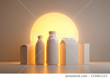 Minimalist blank packaging including bottles and cartons arranged in modern surreal scene with warm lighting, evoking calm and creativity, suitable for product mockup or branding concept 133661123