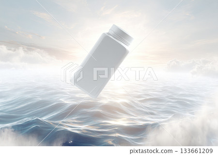 Floating white plastic bottle, minimalist design, hovers above ocean waves under bright sky, evoking surreal and dreamy atmosphere with soft sunlight and clouds in background 133661209