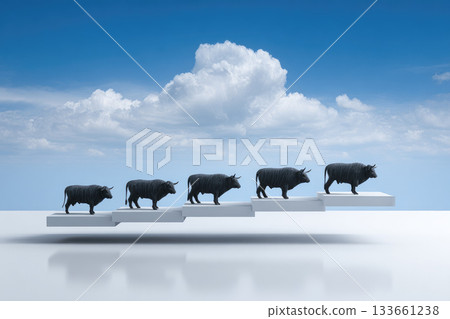 Surreal minimalist scene of black cows walking on floating white platforms under blue sky with fluffy clouds, creating calm and imaginative atmosphere 133661238