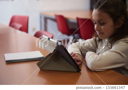 Girl Studying With Tablet In School Library During Book Day Activity 133661347