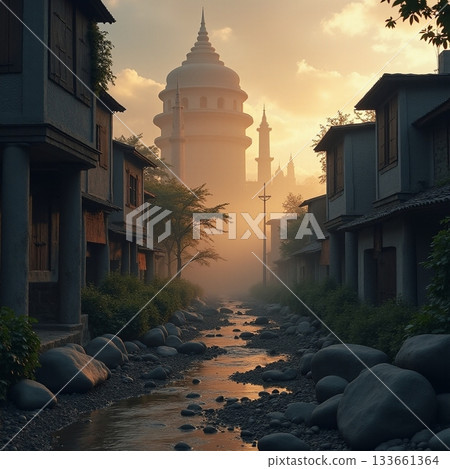 Mystical village at sunset with distant tower and stream Generative AI 133661364