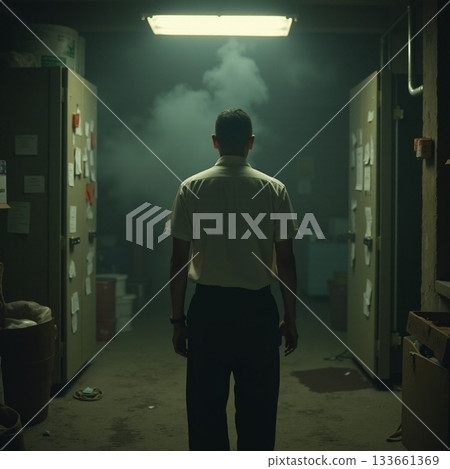 Man standing in a smoky hallway late at night Generative AI 133661369