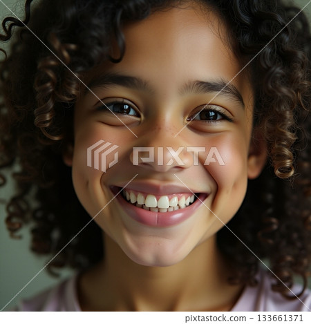 Joyful girl with curly hair shares a bright smile Generative AI 133661371