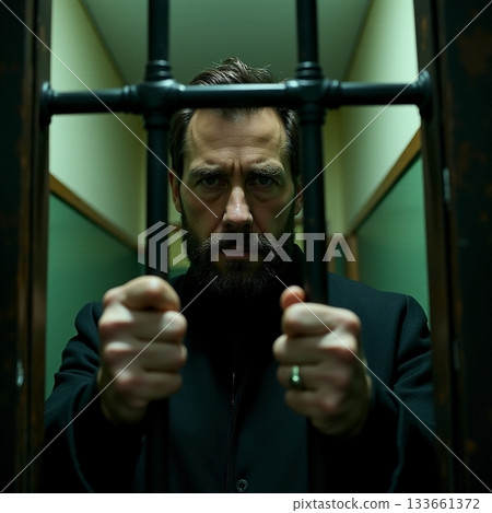 Man in dark attire holds prison bars with intense gaze Generative AI 133661372