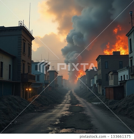 Fire engulfs abandoned streets at dusk in deserted town Generative AI Fire engulfs abandoned streets at dusk in deserted town Generative AI 133661375