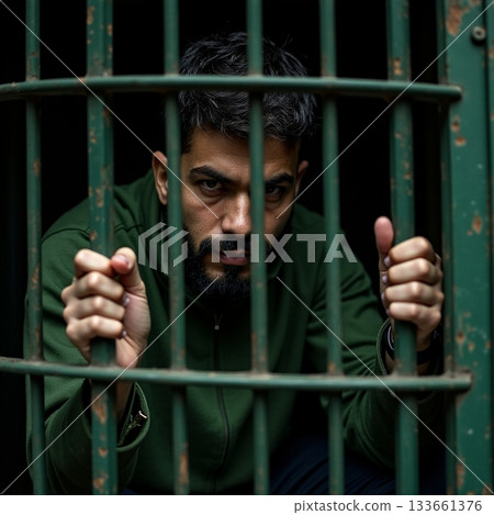 Man peering through jail bars in a dimly lit cell Generative AI 133661376