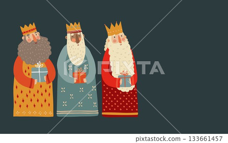 Christmas greeting card invitation. Biblical Three kings Caspar, Melchior, Balthazar bringing gifts isolated on night background. Dia de Reyes holiday. Happy epiphany vector illustration. Christianity Christmas greeting card invitation. Biblical Three kings Caspar, Melchior, Balthazar bringing gifts isolated on night background. Dia de Reyes holiday. Happy epiphany vector illustration. Christianity 133661457
