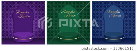 Set of square vector banners featuring Ramadan podiums, traditional blue, purple, and green patterns Set of square vector banners featuring Ramadan podiums, traditional blue, purple, and green patterns 133661515