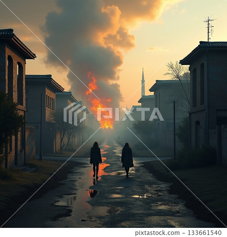 Fire engulfs deserted street at twilight with two figures walking Generative AI Fire engulfs deserted street at twilight with two figures walking Generative AI 133661540