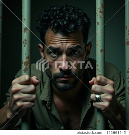 Man gazes through prison bars with a look of determination Generative AI 133661545