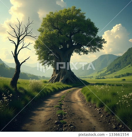 Majestic tree stands proud along a winding dirt road Generative AI 133661554