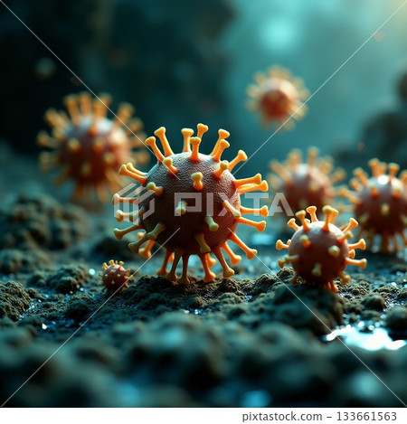 Colorful virus particles in an underwater environment Generative AI 133661563