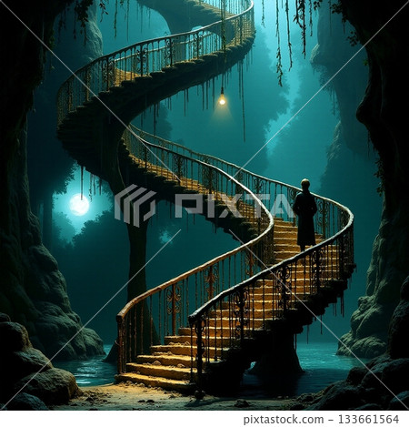 Mysterious spiral staircase in an enchanted cave setting Generative AI 133661564