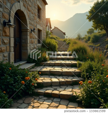 Charming stone steps lead to a serene countryside sunset Generative AI 133661599