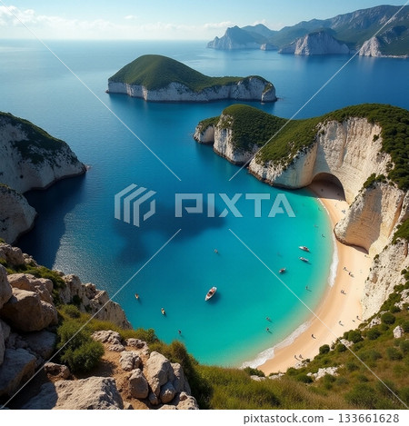 Beautiful sandy beach with crystal clear waters and islands Generative AI 133661628