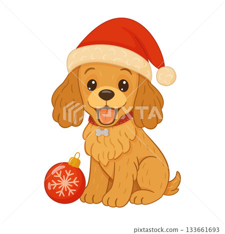 Cocker spaniel wearing Santa hat. flat style vector illustration. Cocker spaniel wearing Santa hat. flat style vector illustration. 133661693