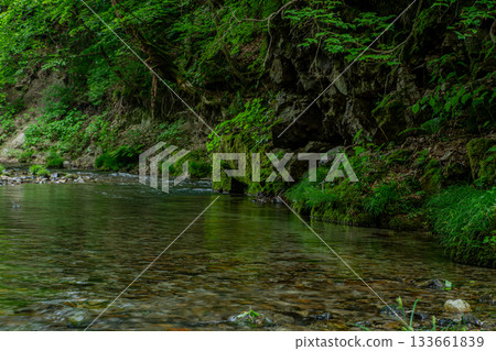 Minamiaizu Town, Fukushima Prefecture - A quiet mountain stream surrounded by fresh greenery Minamiaizu Town, Fukushima Prefecture - A quiet mountain stream surrounded by fresh greenery 133661839