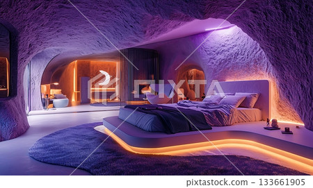 A purple room with a bed and a couch 133661905