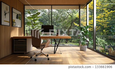 A modern office with a large window and a potted plant A modern office with a large window and a potted plant 133661906
