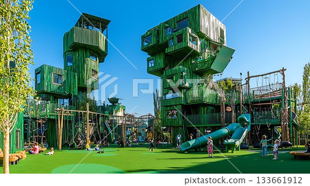 A green playground with two tall buildings and a lot of children playing 133661912