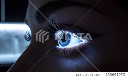 A woman's eye is lit up in the dark A woman's eye is lit up in the dark 133661955