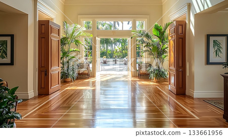 A large open hallway with a lot of greenery and a lot of sunlight 133661956