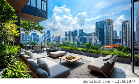 A city view with a balcony overlooking the city 133661974