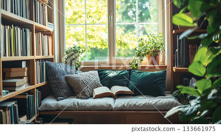 A cozy reading nook with a comfortable couch and a window with potted plants 133661975