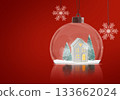 A glass snow globe with a small white house and two green Christmas trees inside. 133662024