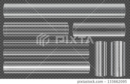 Transparent glass 3d tube. Clear realistic plastic pipe for laboratory or industrial and scientific concept. Chemistry and medical equipment for technology or pharmacy design. Vector isolated set Transparent glass 3d tube. Clear realistic plastic pipe for laboratory or industrial and scientific concept. Chemistry and medical equipment for technology or pharmacy design. Vector isolated set 133662095