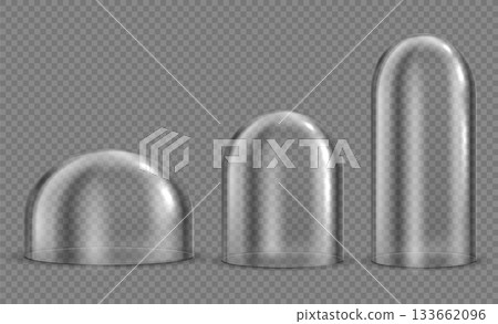 Realistic 3d glass dome cover, transparent bell, clear case for display and protection. Isolated vector sphere and hemisphere, showcase or security concept, product package, Christmas stand template Realistic 3d glass dome cover, transparent bell, clear case for display and protection. Isolated vector sphere and hemisphere, showcase or security concept, product package, Christmas stand template 133662096