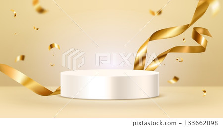White podium and golden ribbons with confetti for gift or sale background and luxury award ceremony.3d round stage or pedestal for product display or party decoration. Vector template 133662098