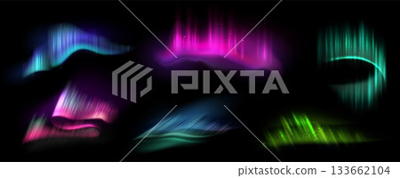 Aurora northern light and borealis background with polar sky and color gradient in winter night. Arctic ray effect for Lapland, Alaska and Nordic landscape. Magical vector panorama, abstract nature 133662104