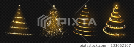 Christmas tree with gold light garland, Xmas magic sparkles new year decoration. Glitter star and shiny particle effect for holiday greeting card. Winter ornate concept vector isolated set 133662107