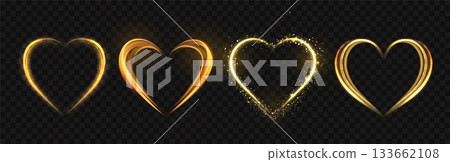 Glowing heart. Golden luminous love symbols with sparks, abstract wedding and Valentines Day light hearts for romantic banner and creative invitation card. Vector isolated set Glowing heart. Golden luminous love symbols with sparks, abstract wedding and Valentines Day light hearts for romantic banner and creative invitation card. Vector isolated set 133662108
