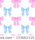 Seamless pattern featuring mix of pink and blue bows in charming cartoon style. Vector illustration with repeating ribbon bow shapes isolated on white background.  133662110