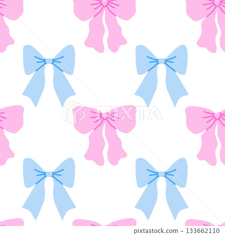 Seamless pattern featuring mix of pink and blue bows in charming cartoon style. Vector illustration with repeating ribbon bow shapes isolated on white background.  133662110