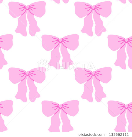 Seamless pattern with cute soft pink bows in gentle girly style. Vector illustration of pastel ribbon bow elements arranged on white background.  133662111