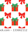 Seamless pattern with red gift boxes decorated with bright green ribbon bows and holiday elements. Vector illustration 133662112