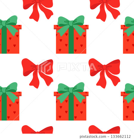 Seamless pattern with red gift boxes decorated with bright green ribbon bows and holiday elements. Vector illustration Seamless pattern with red gift boxes decorated with bright green ribbon bows and holiday elements. Vector illustration 133662112
