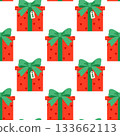 Seamless pattern with red gift boxes decorated with bright green ribbon bows and holiday elements. Vector illustration 133662113