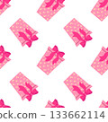 Seamless pattern with pink gift boxes decorated with soft ribbon bows and gentle heart elements. Vector illustration 133662114