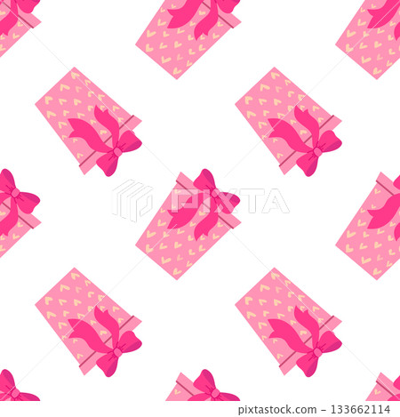 Seamless pattern with pink gift boxes decorated with soft ribbon bows and gentle heart elements. Vector illustration Seamless pattern with pink gift boxes decorated with soft ribbon bows and gentle heart elements. Vector illustration 133662114