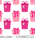 Seamless pattern featuring pink present boxes with ribbon bows and scattered decorative shapes. Vector illustration in repeating layout 133662115
