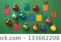 A green background with a bunch of Christmas ornaments and tags 133662208