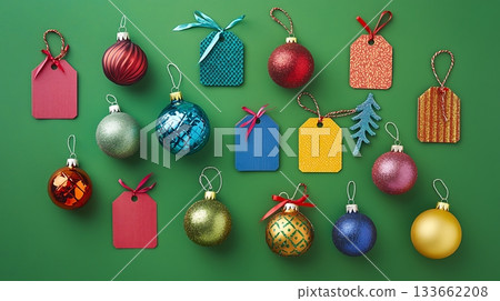 A green background with a bunch of Christmas ornaments and tags 133662208