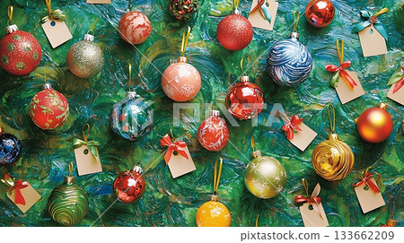 A green background with many colorful Christmas ornaments hanging from it 133662209