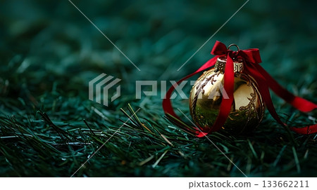 A gold ornament with a red ribbon sits on a green field 133662211