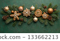 A green background with a row of cookies and ornaments 133662213